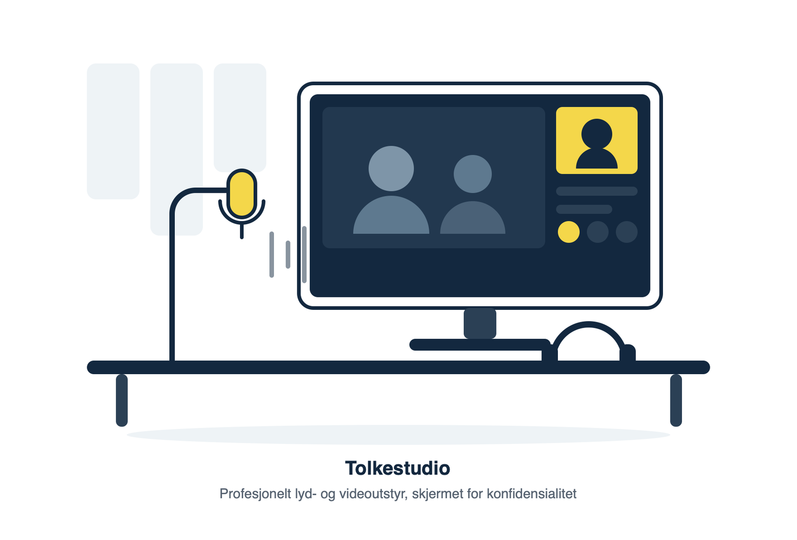 Illustrasjon av tolkestudio: skjerm med prøverommet, mikrofon på bom og hodetelefoner på pulten.
